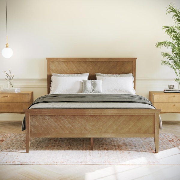 Flash Furniture Fiona Light Brown Queen Size Solid Wood Platform Bed Frame w/Headboard, Footboard, Slatted Bottom MG-0900-29-QB-ANTOAK-GG - main